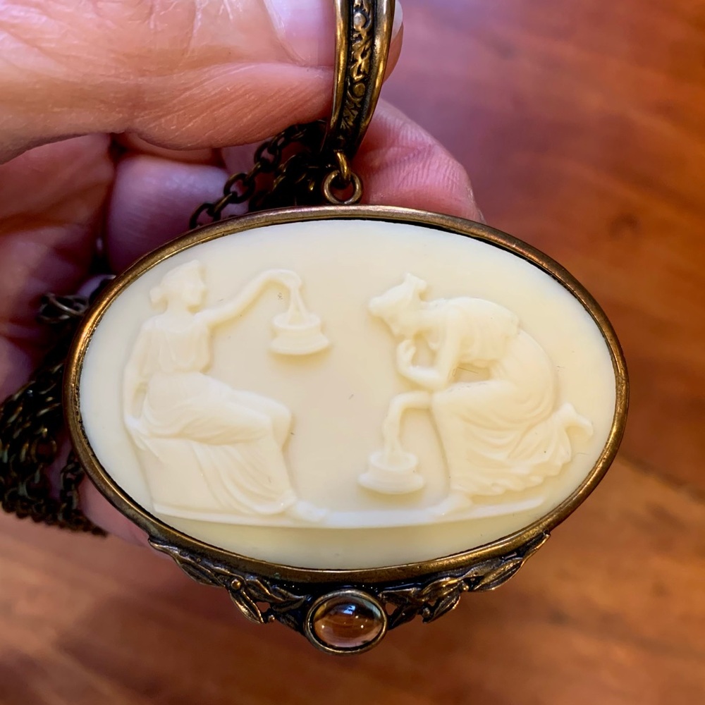 Ivory Glass Extasia Minerva Collection Cameo in on Brass Chain Statement Pendant